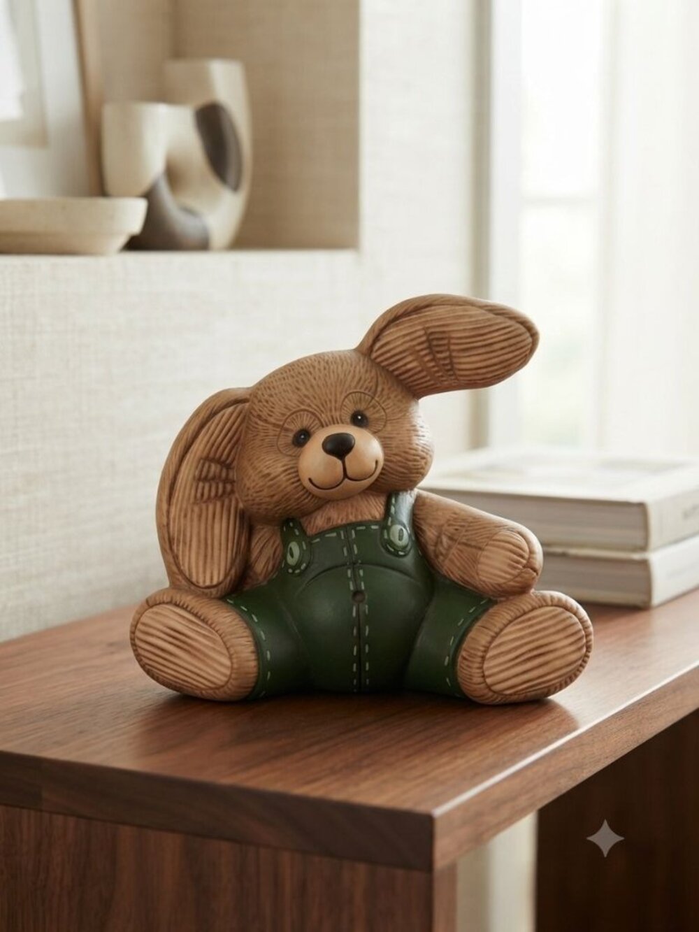 Vintage Floppy Ear Bunny Figurine Ceramic Rabbit Overalls Nursery Decor